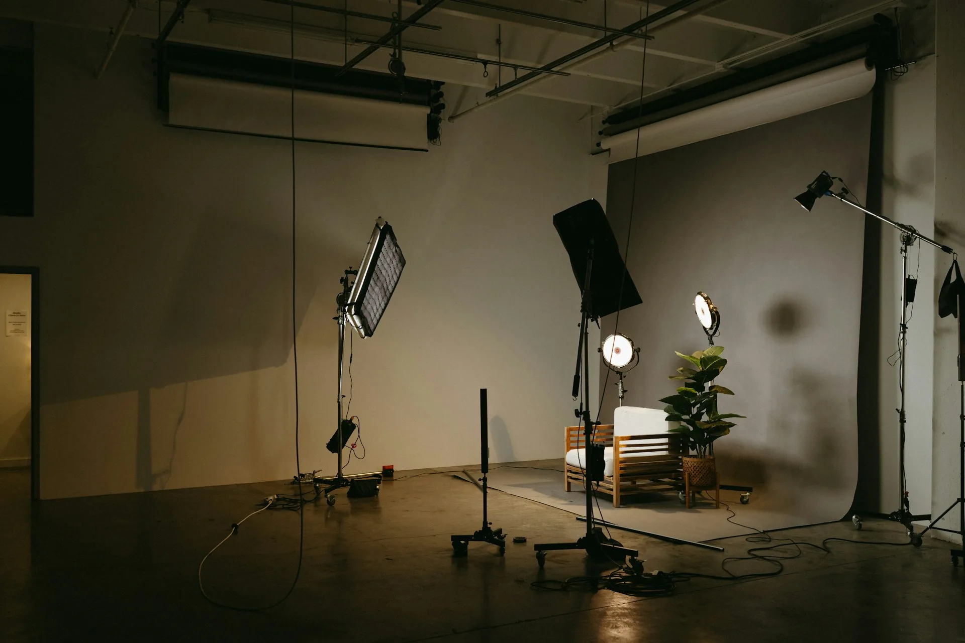 Professional recording setup with studio lighting in a content studio