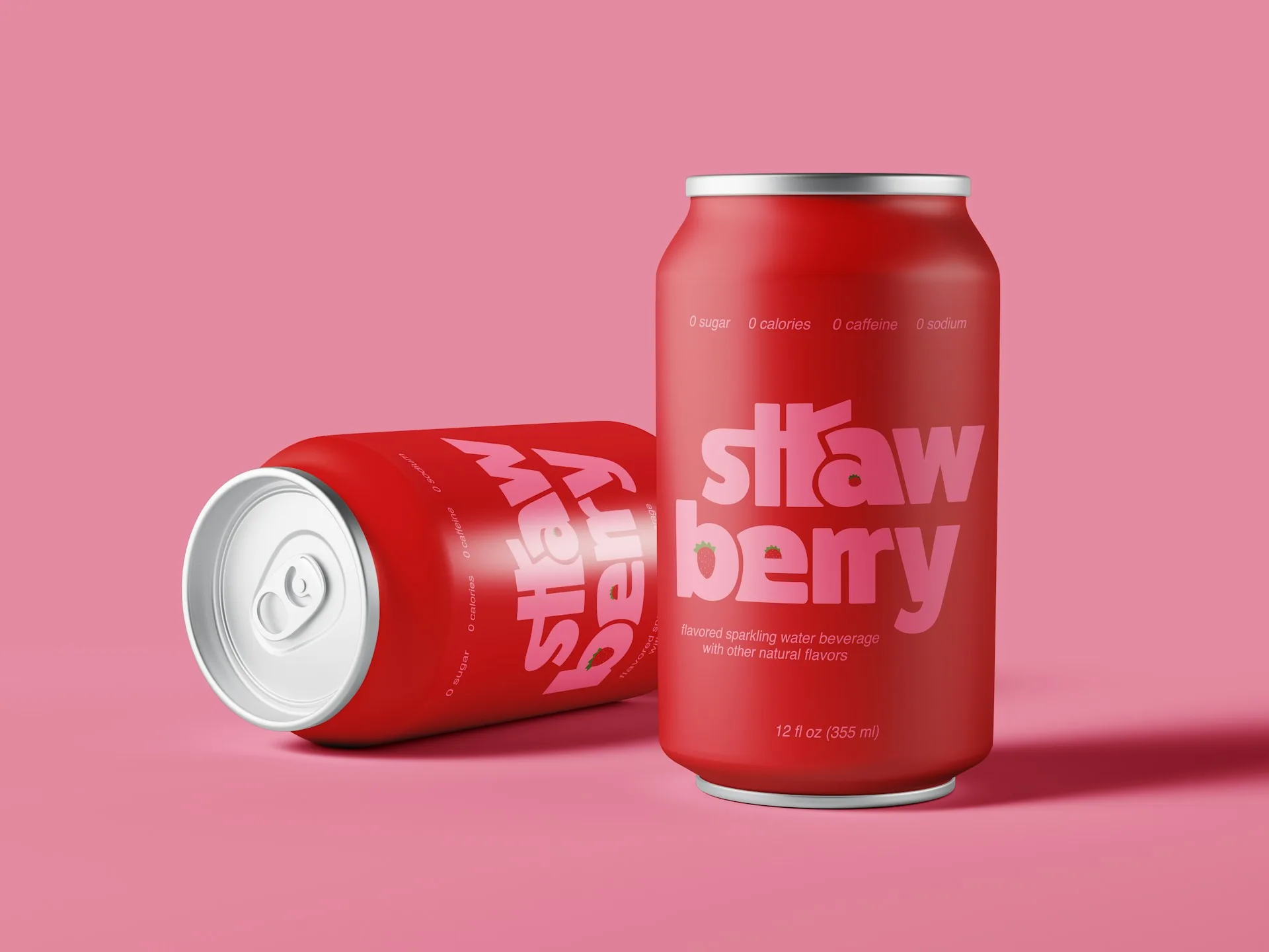 Dos latas de refresco rojas sobre fondo rosa, producto preparado para una sesión de lanzamiento